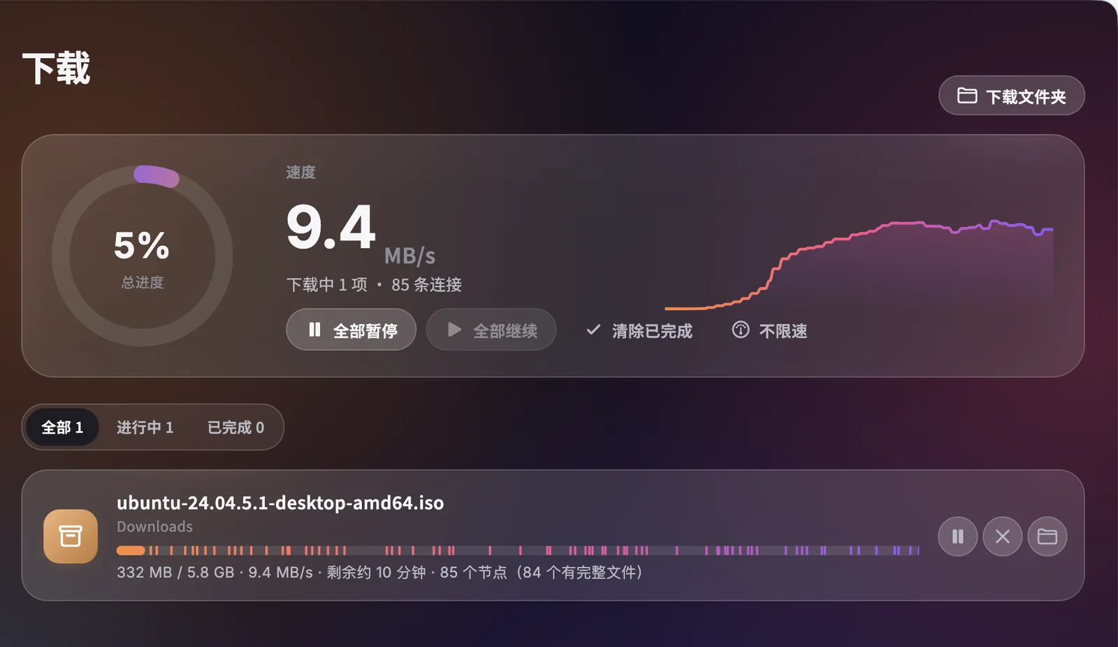 深色模式下的下载页，正在下一个 5.8 GB 的 Ubuntu 镜像，连着 85 个节点